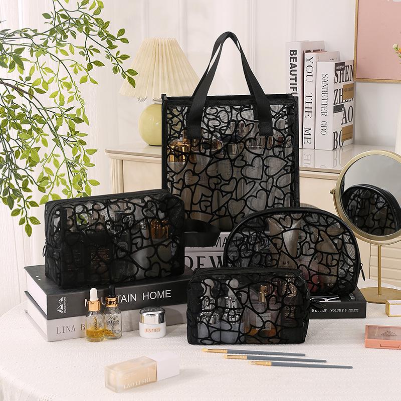 Mesh Flocked Heart Tote: Large, Washable, Transparent Handheld Makeup & Storage Bag