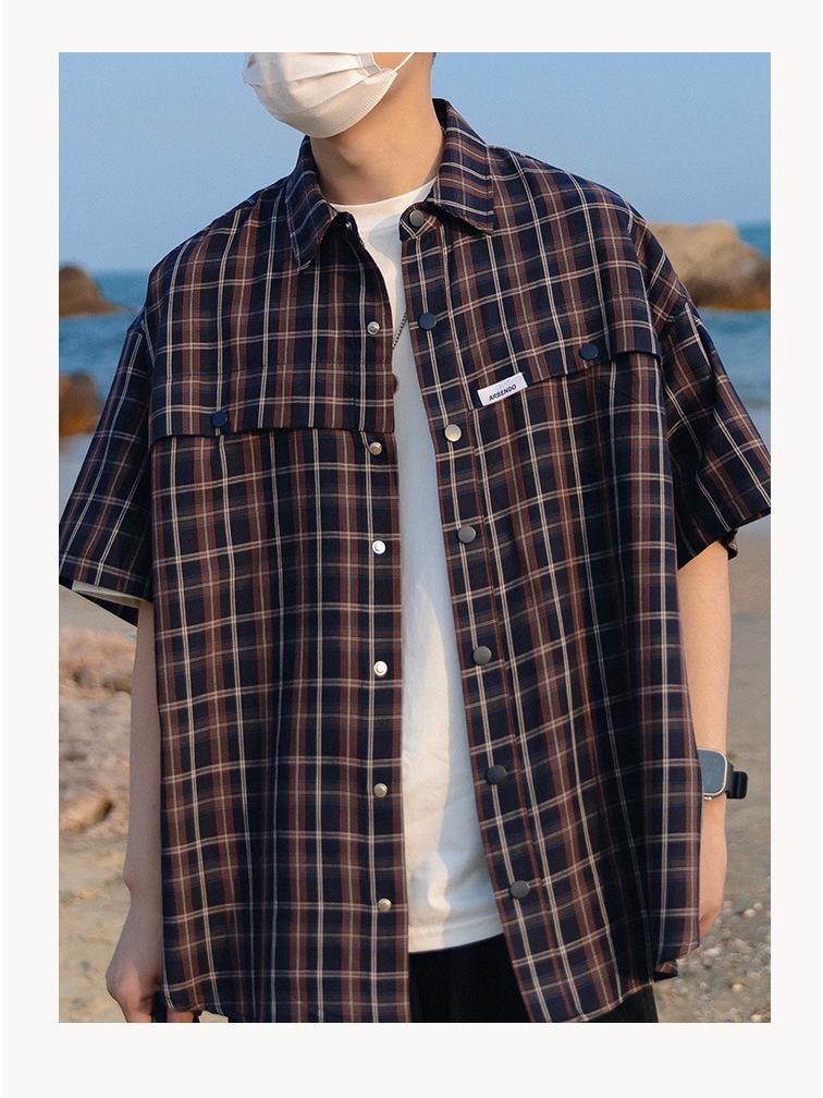 Men's Classic Japanese Retro Plaid Shirt - Short Sleeve, Loose Fit, Casual Summer Jacket.