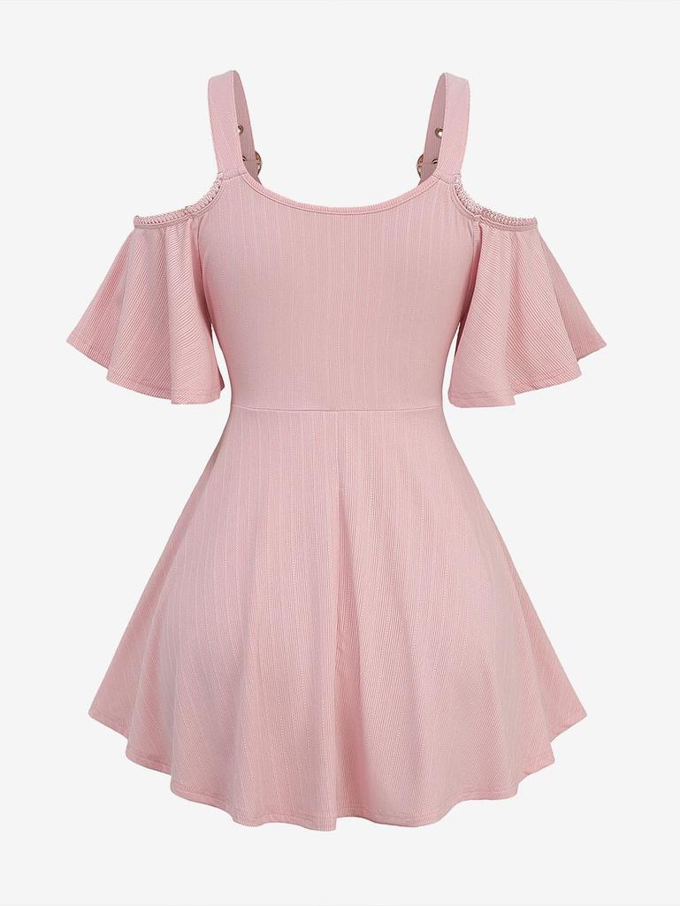 Rosegal Übergröße Twist Jacquard Gerippt Texturiert Spitzenbesatz Schnalle Ösen Kalte Schulter Top