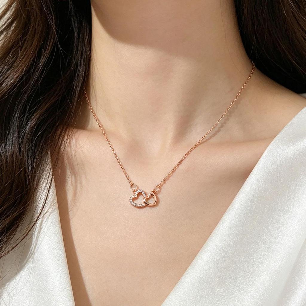 Heart Interlocking Necklace Women Korean Version Double Ring Heart-shaped Niche Sweet Design Net Red Collarbone Chain Versatile Gold Pendant