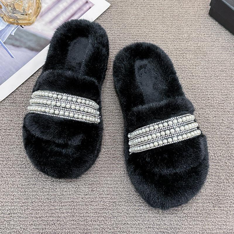 Thick bottom heightening Internet celebrity fluffy slippers women's autumn and winter outer wear ins home home non-slip pearl slippers spring and s