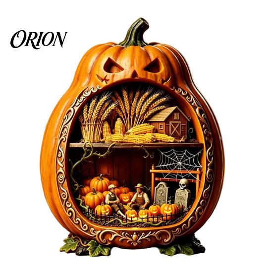 Detailed Halloween Scene Decor Centerpiece Pumpkin, Wooden Pumpkin Ornament with Miniature Scenes, Rustic Home Accents Skeleton for Farmhouse
