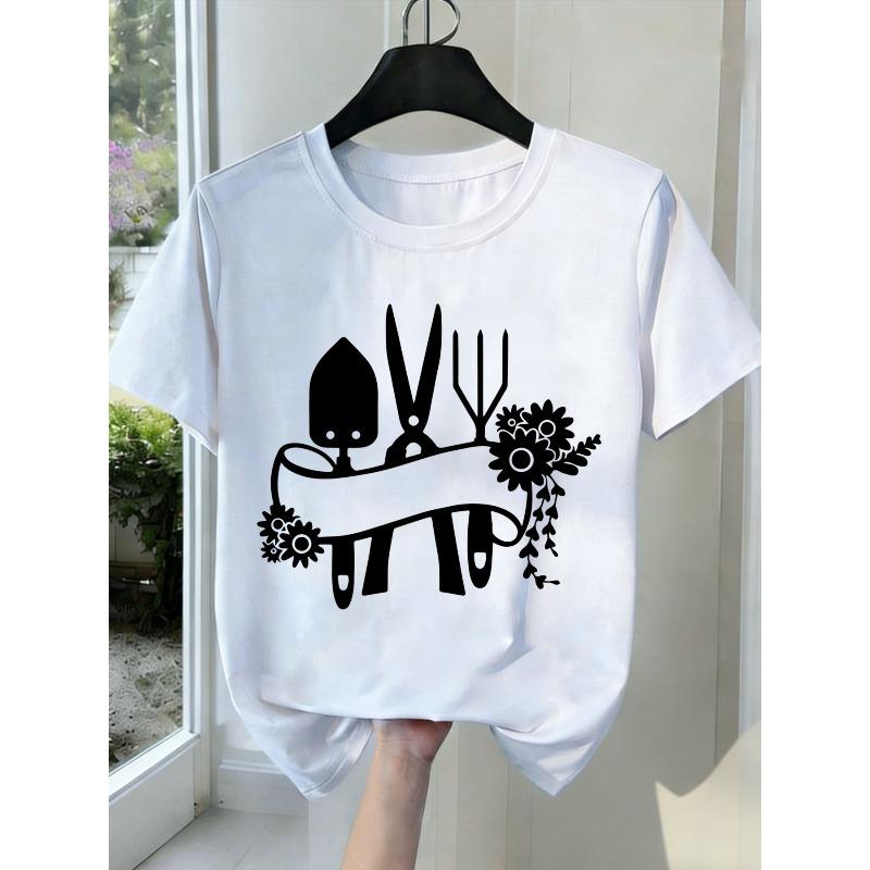 

New Womens Tee Black White Grey Garden Tools Floral Print Round Neck Stretchy Fabric Statement Graphic Soft Comfortable Fit All Season S белый