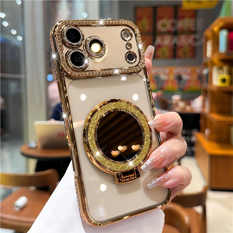 The new iPhone17 bracket magnetic mobile phone case is suitable for Apple 16 rhinestone mirror 15 Pro Max protective case.