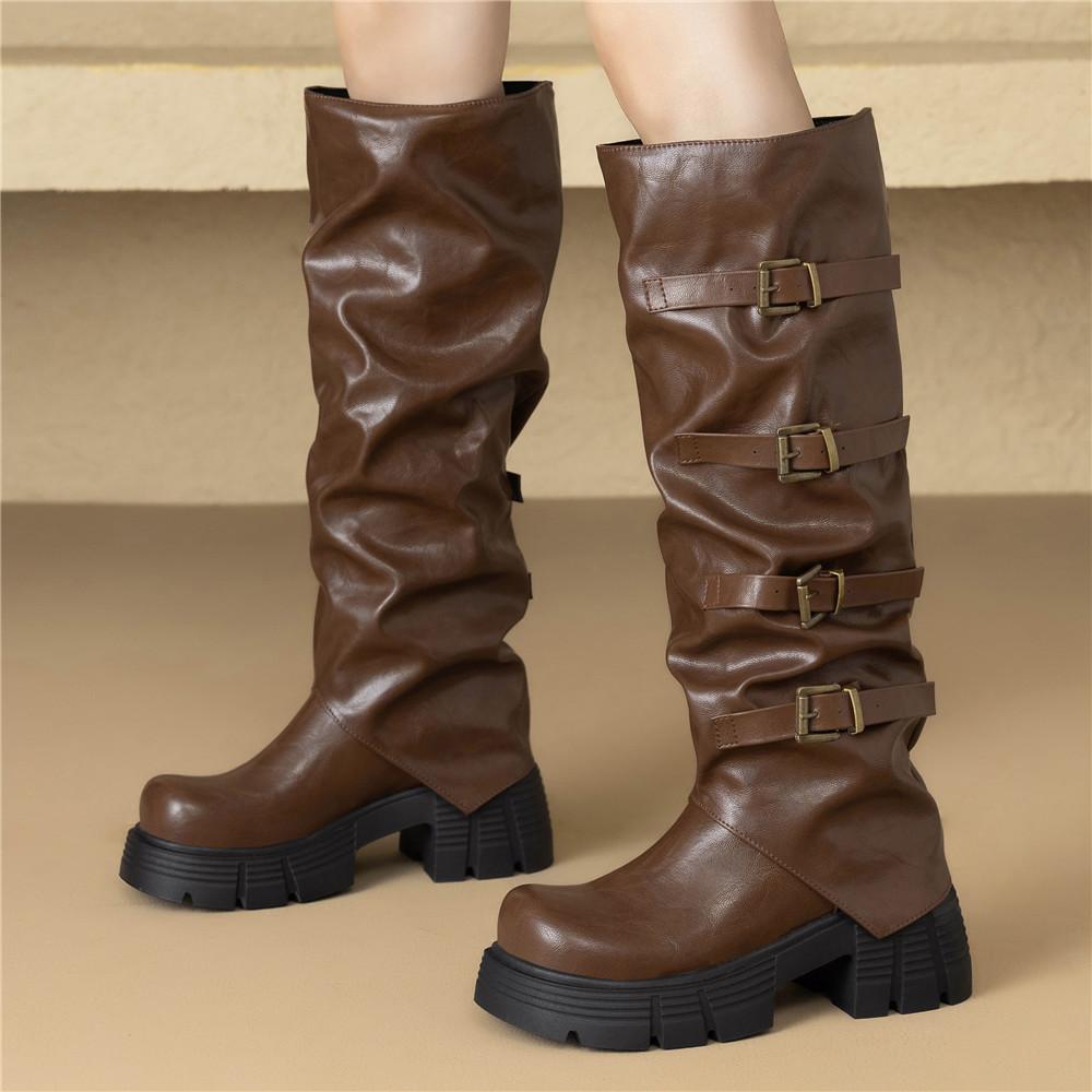 Women Platform High top Spring Fashion Designer Knee Chelsea Boots with Buckle Brand Party Black Brown