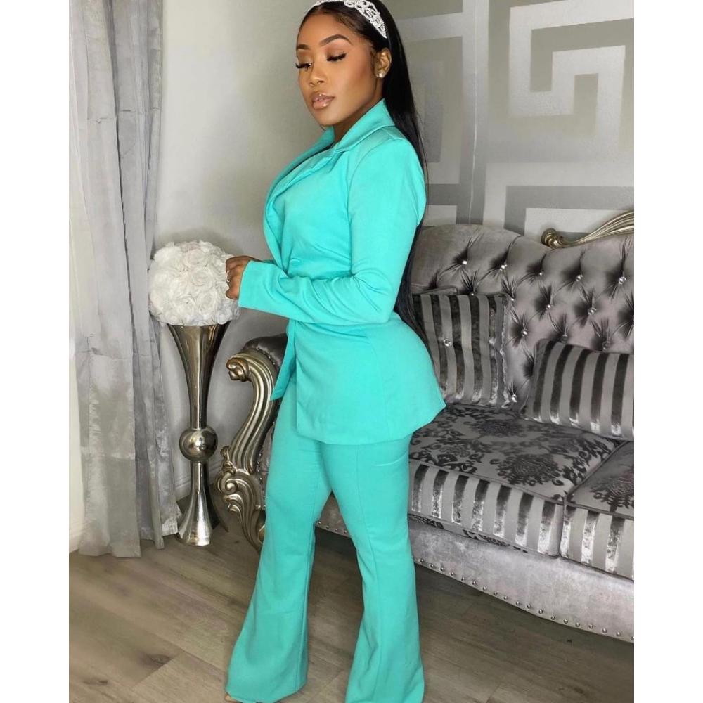 Autumn Winter Women's Solid Color Blazer Set, Relaxed Fit Two Piece Suit with Wide Leg Pants, Office Casual Coord for Business & Daily Wear