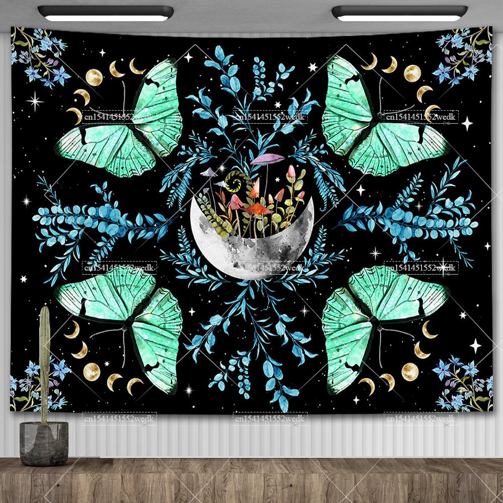 

Фаза Луны Бабочка Гобелен Череп Психоделический Луна и Звезды Моль Волк Гобелены Настенный Подвес Для Комнаты Эстетический Декор Плакат 29x37in 74x94cm