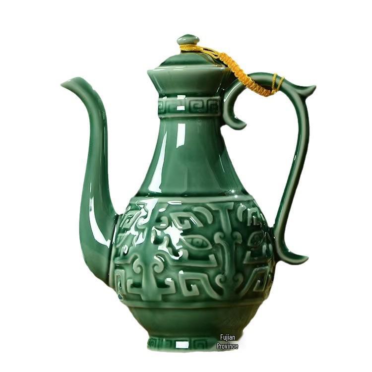 Antique Ceramic Baijiu Decanter and Wine Cup Set, Chinese Yellow Wine Utensils Evergreen Pot - Ivory White 500ml