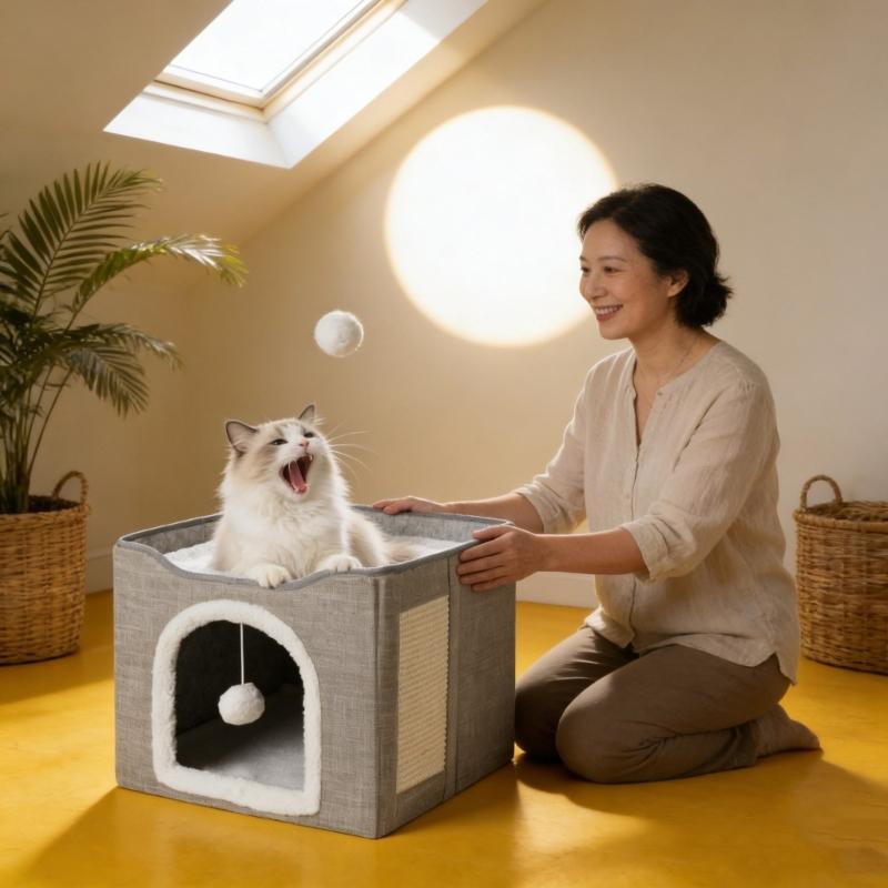 Double Layer Cats Cave Bed with Scratching Pad Foldable Design Space Saving Cats Shelter House for Indoor Habitats