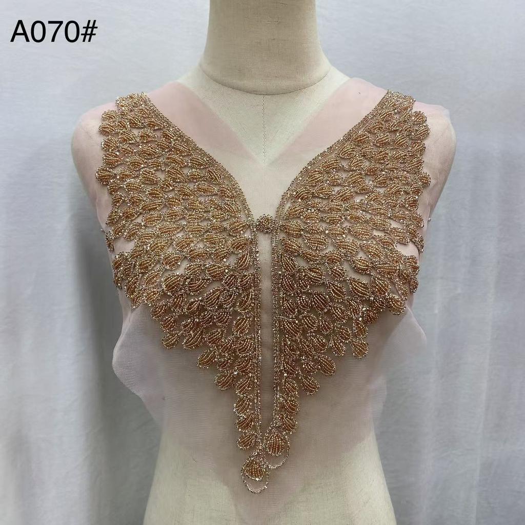 Beaded Rhinestone Crystal Fabric Bodice Applique Rose Gold Panel Pedreria Hand-Sewn Shank Style Corset Wedding Dress Evening