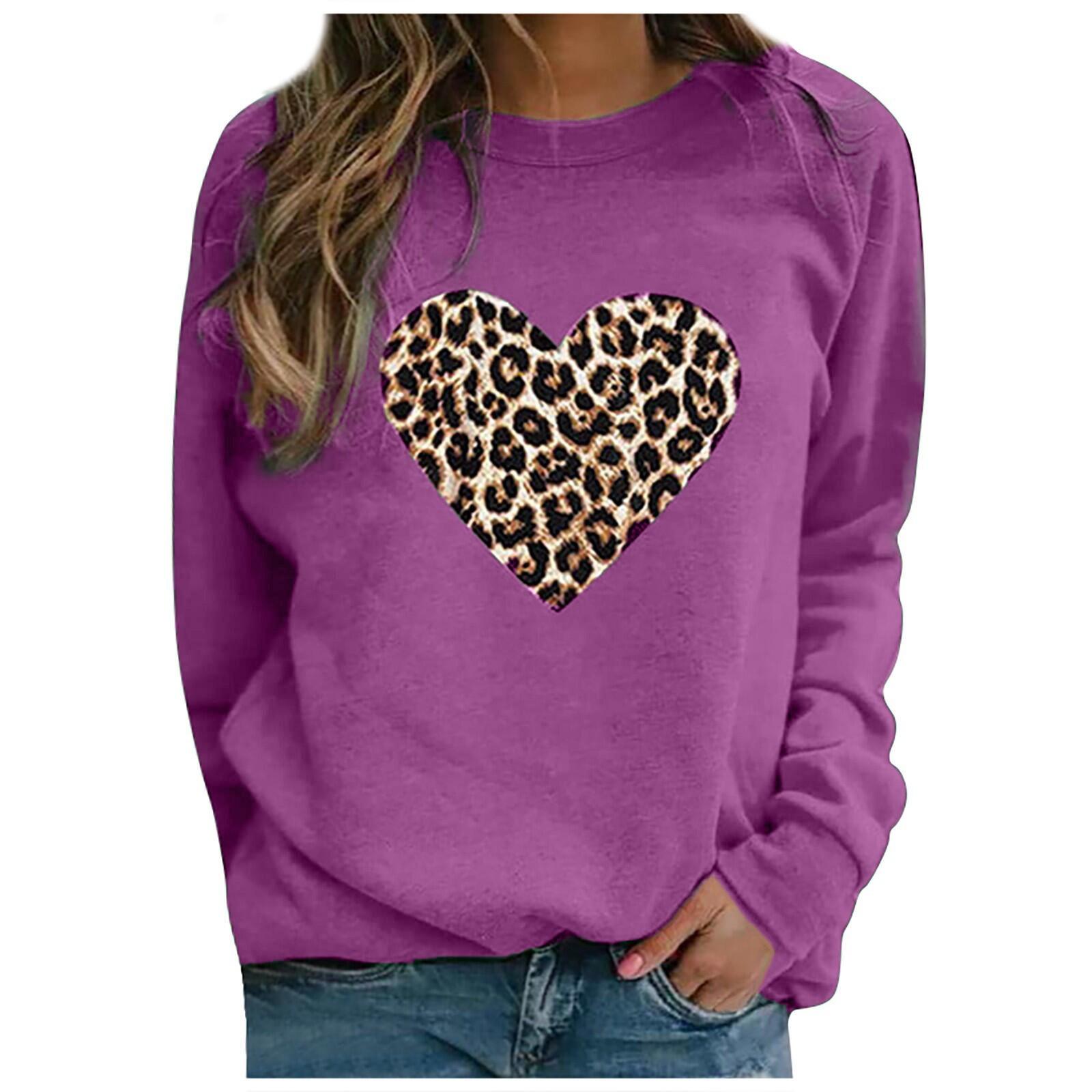 

Women Casual Fashion Leopard Print Love Hoodless Plus Long-sleeved Sweater Top XXL фиолетовый
