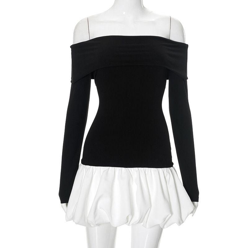 

Юбка-бутон Мода Женское Новое с открытыми плечами Длинный рукав Короткое платье Пэчворк Юбка-бутон Трансграничный Black and white Contrast Color M