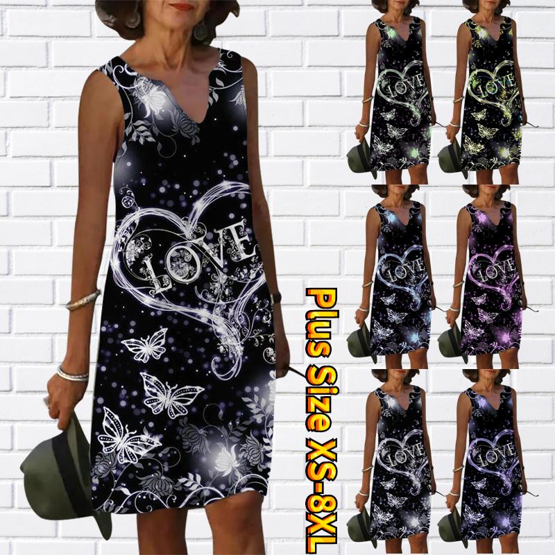 

Женское V-образное летнее сверкающее платье с изображением любви повседневное платье без рукавов повседневное свободное сексуальное платье больших размеров XS-8XL