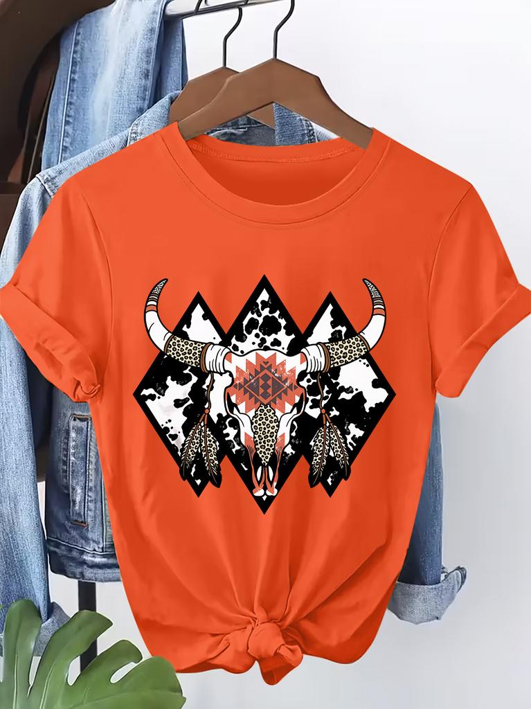 Womens Short Tshirt with Western Style Geometric Cow Head Bone Print Round Neck Soft and Breathable Springsummer Womens Top