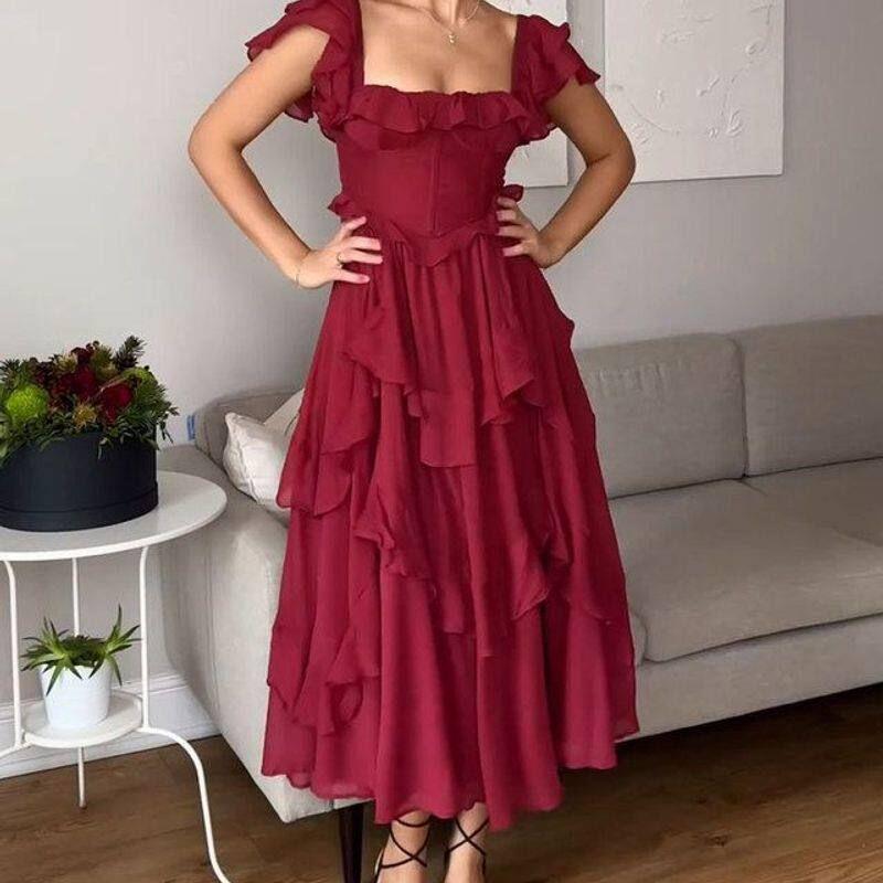 

Amazon s New European and American Style Dress, Holiday Dress, Lace Backless Hollow-Out Cake Dress, Ruffled Pleated Long Dress Red S