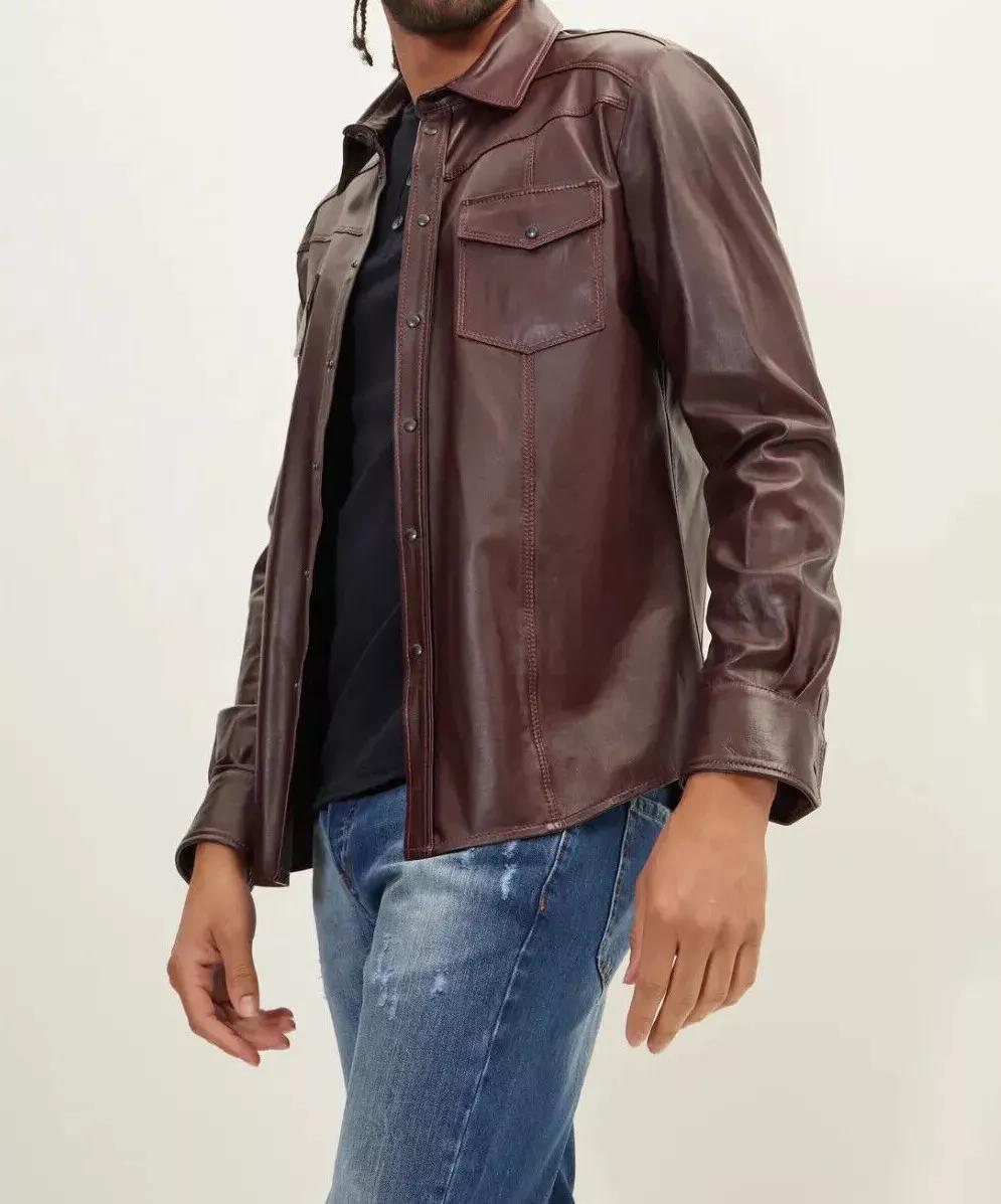 

NMen Shirt Formal Burgundy Handmade Leather Lambskin Stylish Casual Party 3XL бордовый