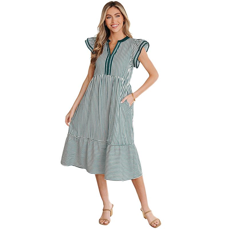 

2026 European & American Style Women s High-Waisted Striped Ruffle Long Dress Contact for correct link
