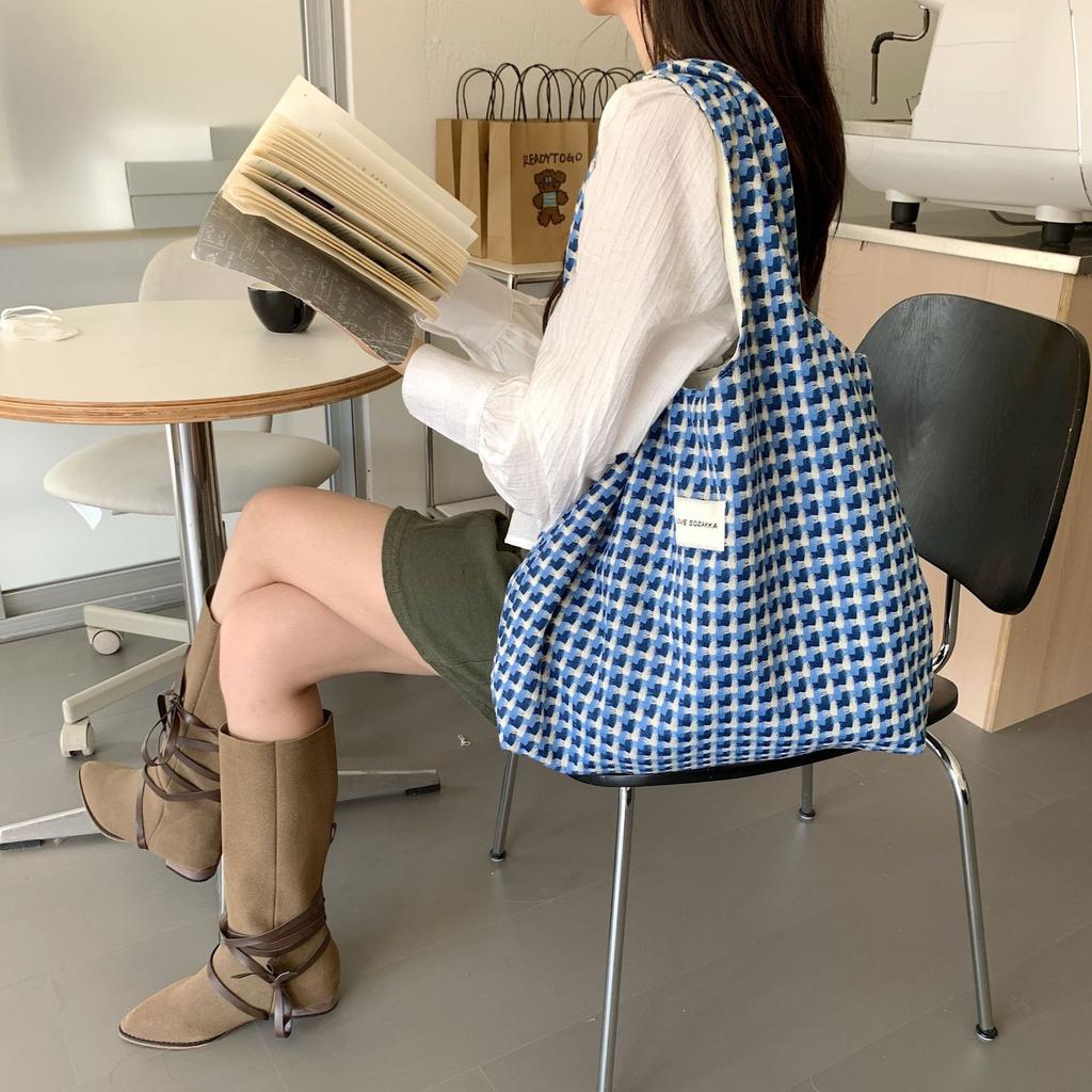 Korean Refreshing Lake Blue Shopping Bags Fashion Plaid Handheld Shoulder Bag Student Class Cloth Bag
