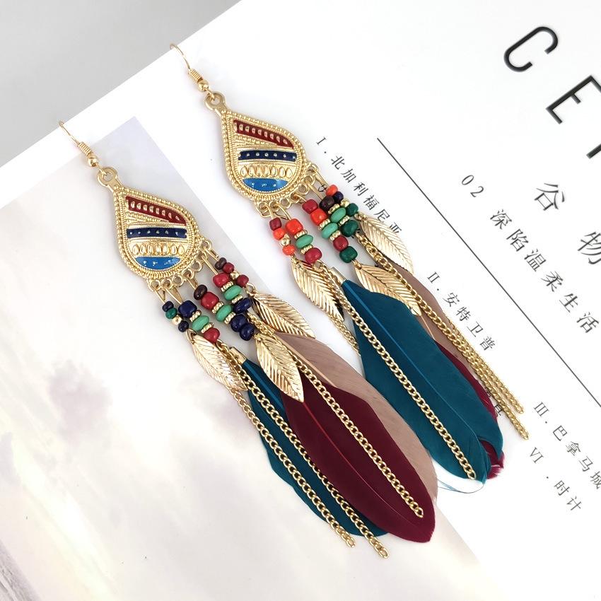 Bohemian Retro Tassel Water Drop Feather Earrings