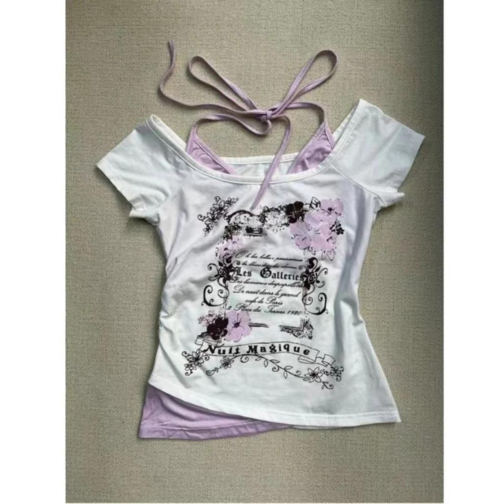 TrendHub American Vintage T Shirts Retro Grunge Letter Flower Print Crop Tops Y2k Summer T Shirts Fashion Streetwear Halter Harajuku Tees