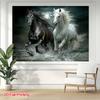 Powerful Galloping Horses Tapestry, Black and White Horses Charging Through Water with Splashes, Dramatic Equestrian Wall Art