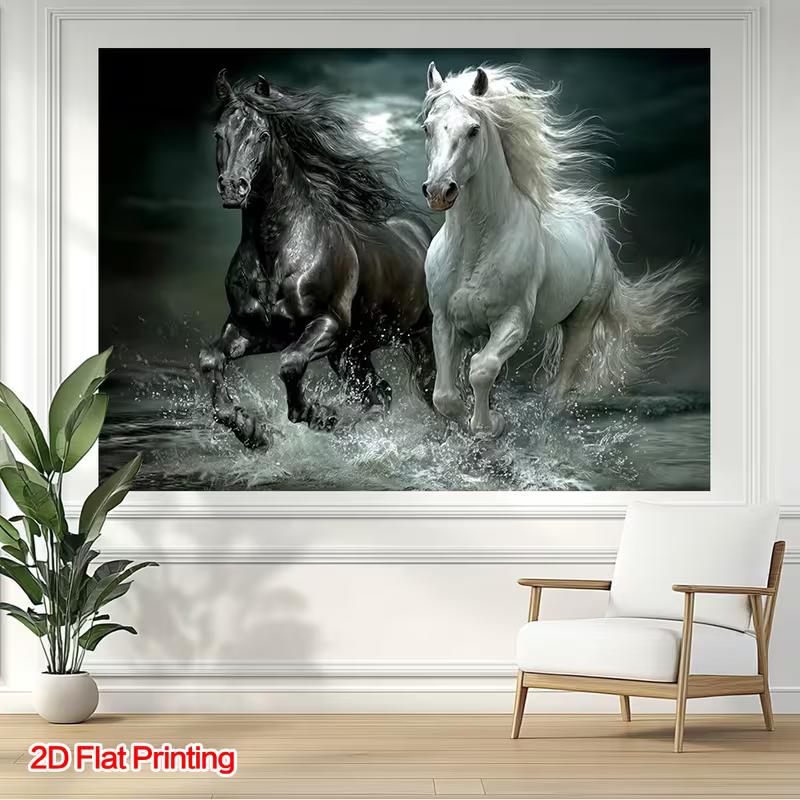 Powerful Galloping Horses Tapestry, Black and White Horses Charging Through Water with Splashes, Dramatic Equestrian Wall Art