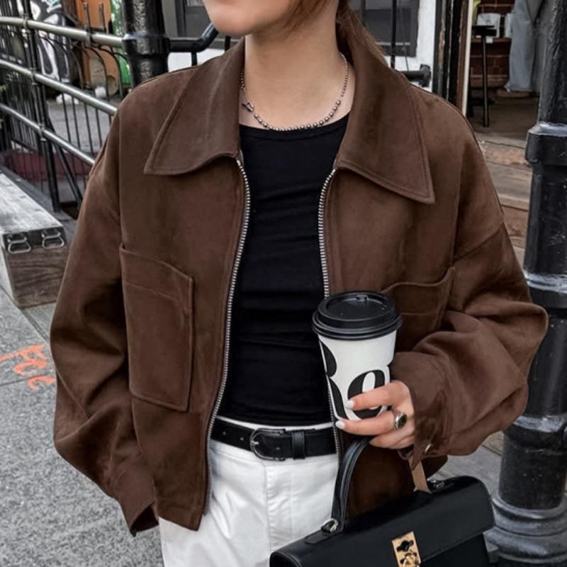 Women Vintage Loose Brown Suede Jacket Casual Fashion Outerwear For Ladies