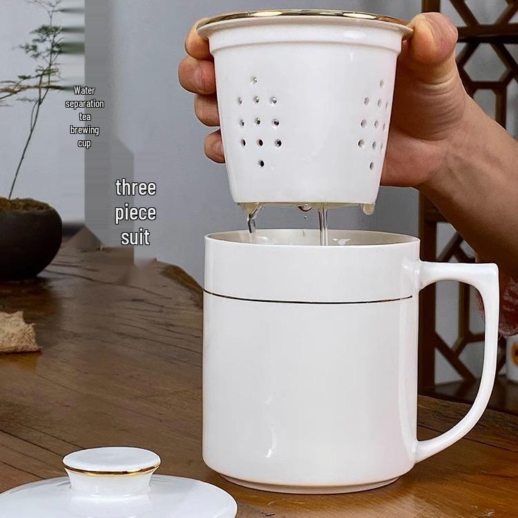 Gold Rim Ceramic Tea Strainer Cup with Lid and Mesh Filter