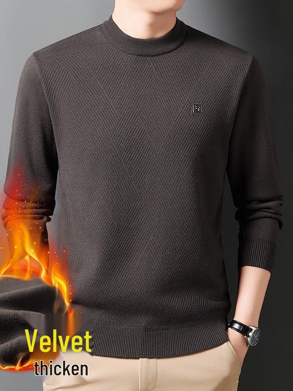Men's Solid Color Half-High Collar Fleece Knit Sweater - Warm, Casual Base Layer Shirt