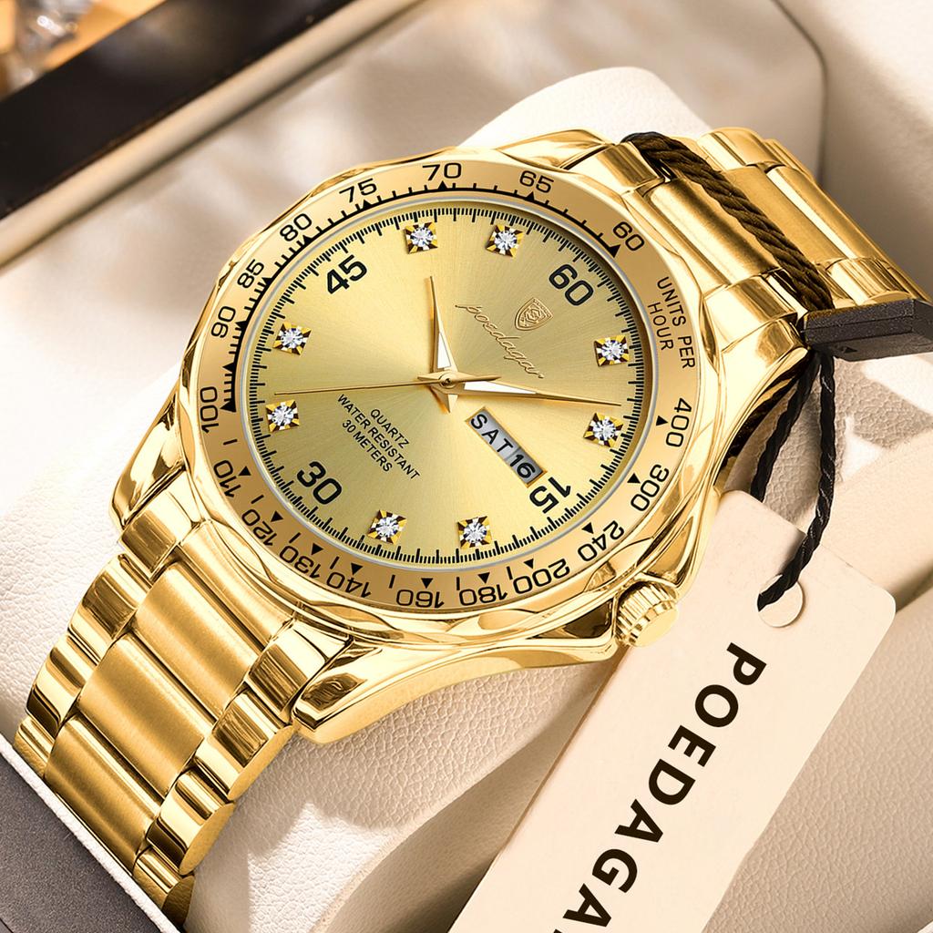 POEDAGAR Fashion Luxury Man Clock Waterproof Luminous Date Week Wristwatch Stainless Steel Quartz Business Watches for Men