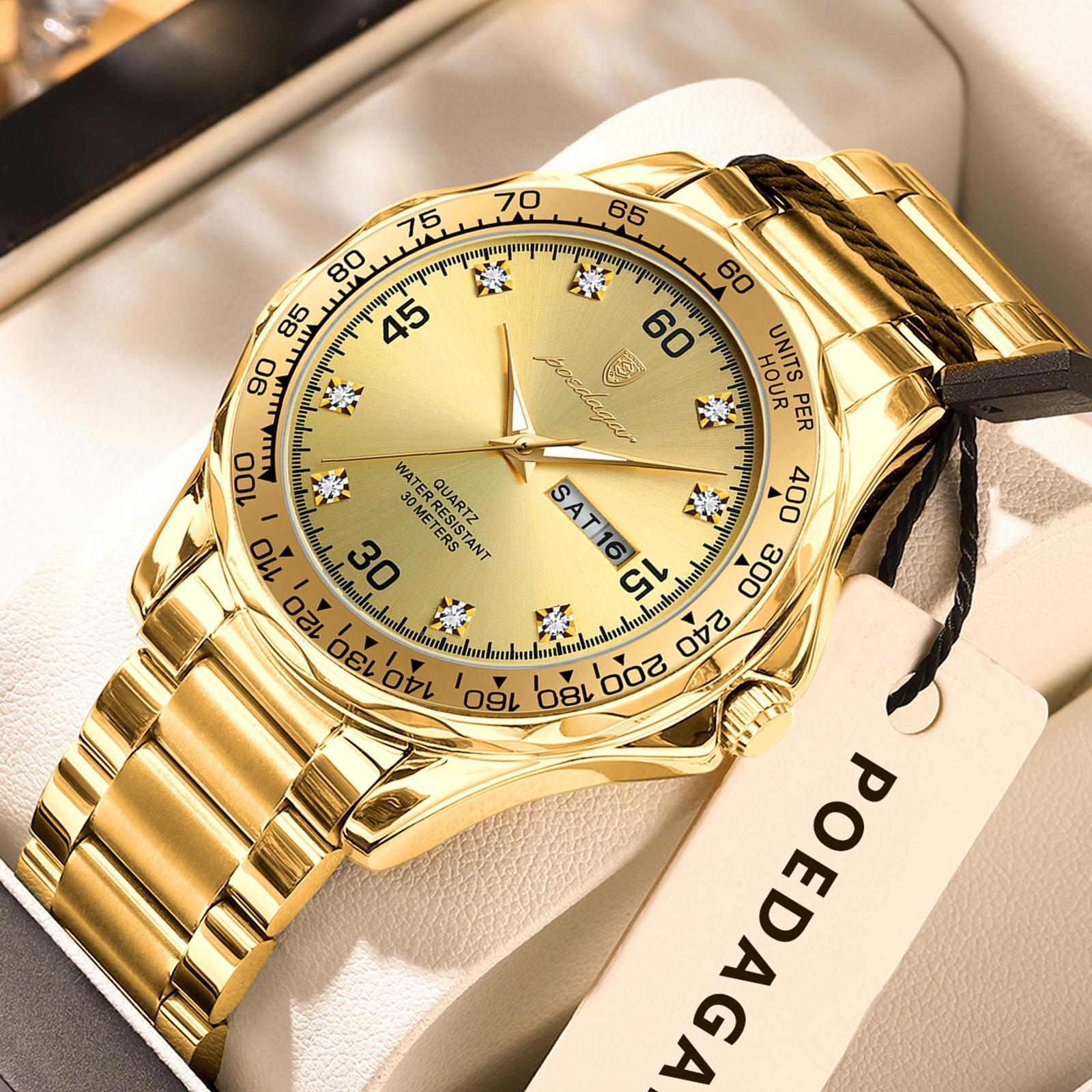 

POEDAGAR Fashion Luxury Man Clock Waterproof Luminous Date Week Wristwatch Stainless Steel Quartz Business Watches for Men золотий