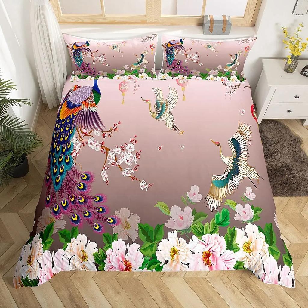 Peacock Feather Printed Decor Peacock Duvet Cover King Size Pretty Animal Pattern Bedding Set with Pillowcase for Girl Kid Adult