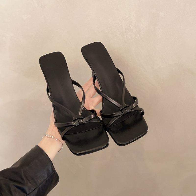 Fashion French Sandals and Slippers for Women 2025 Slipper with Bow Square Toe High Heel