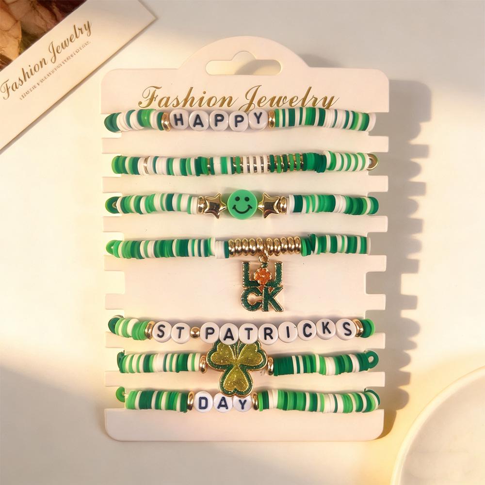 St. Patrick s Day Seven-Piece Polymer Clay Beaded Shamrock Bracelet Set