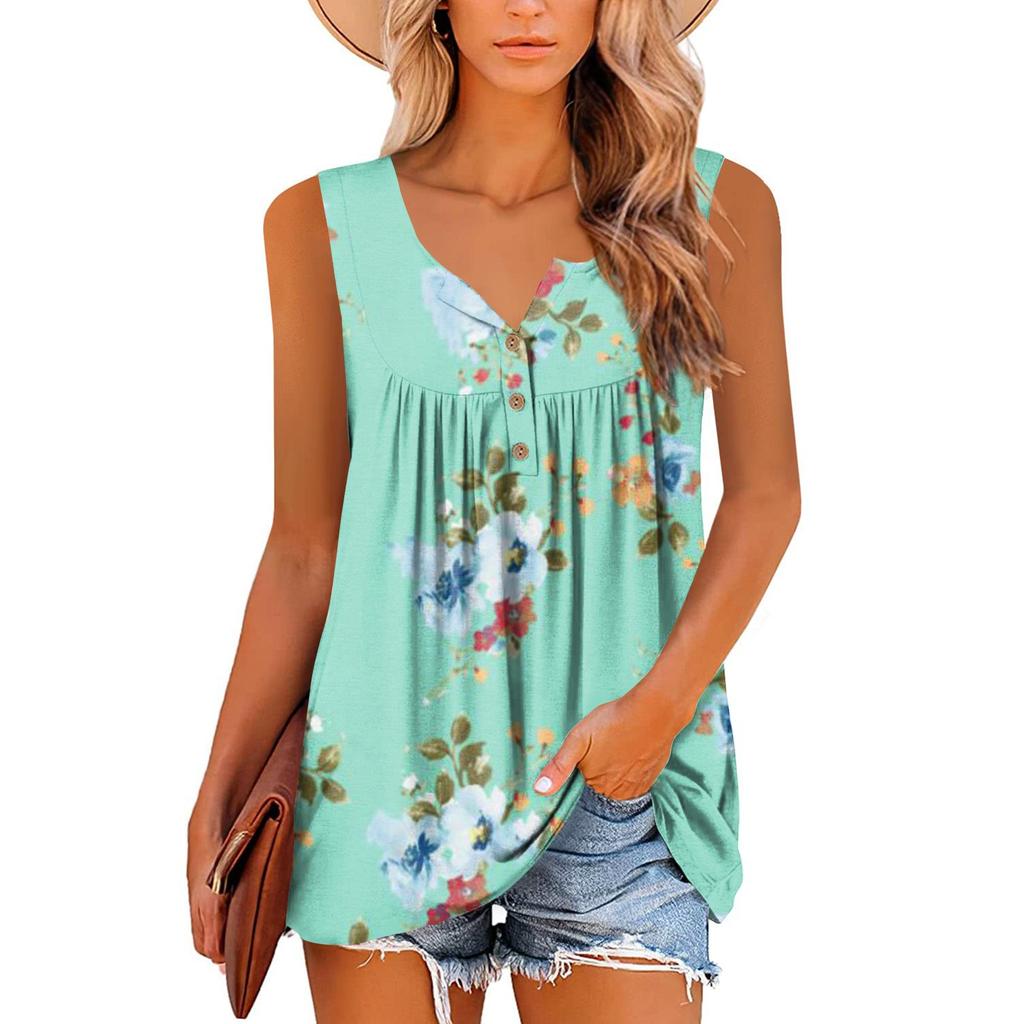 Women's Fashion Floral Printing Pleated Sleeveless Casual T-shirt Vest Button Top