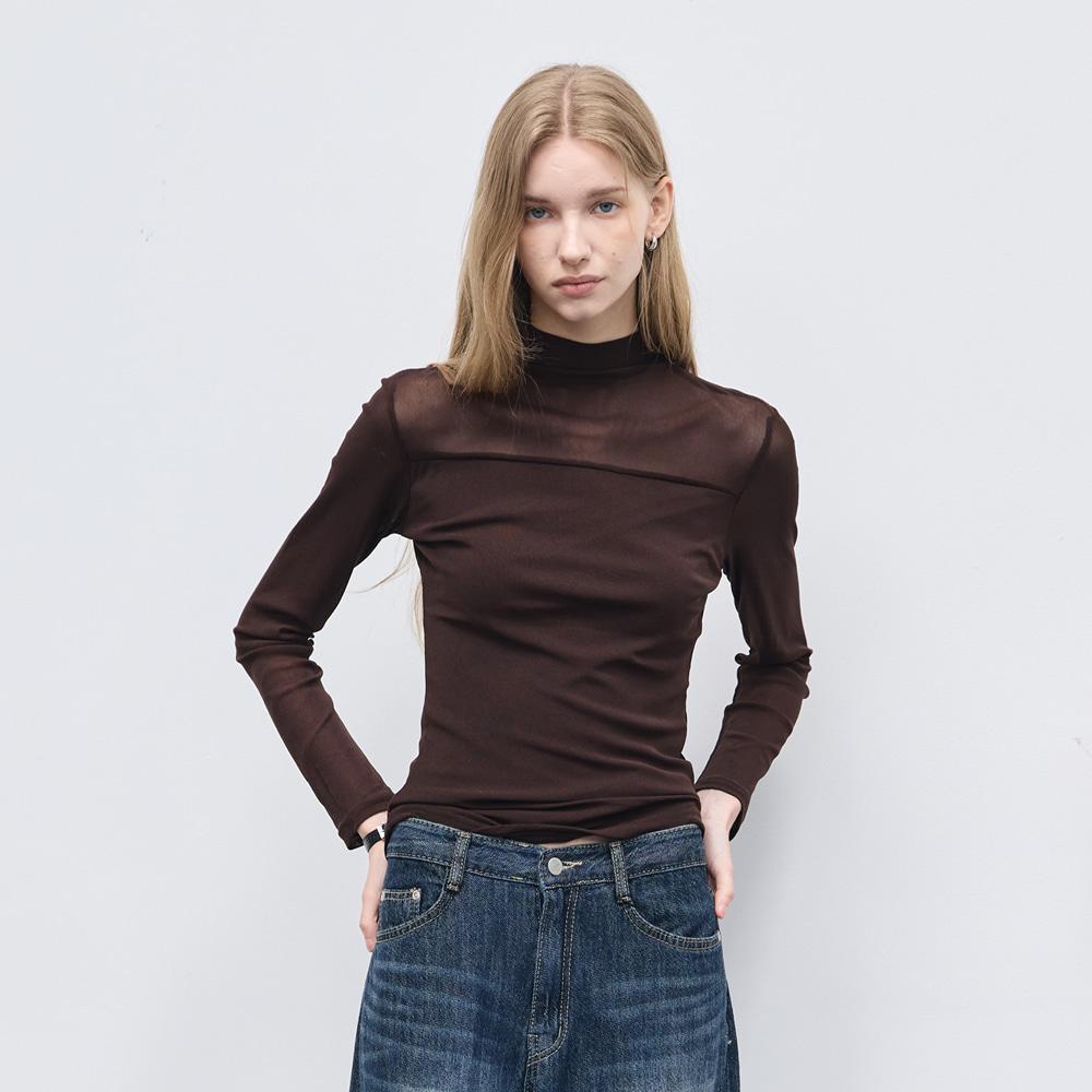 Hiikeu Sheer Mock-Neck T-Shirt_Brown