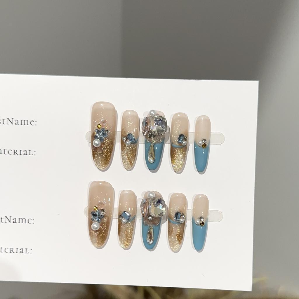 Women Press‑On Nails Pure‑Handmade Amber Cat‑Eye Pile Rhinestone Sparkling Light‑Luxury False Nail Patches