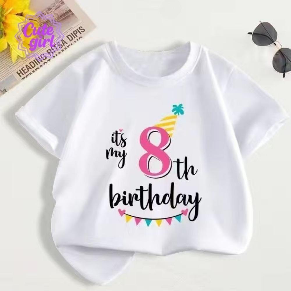 Girl's T-shirt and Children's Short Shirt with Birth Date Number Printed with "birthday"