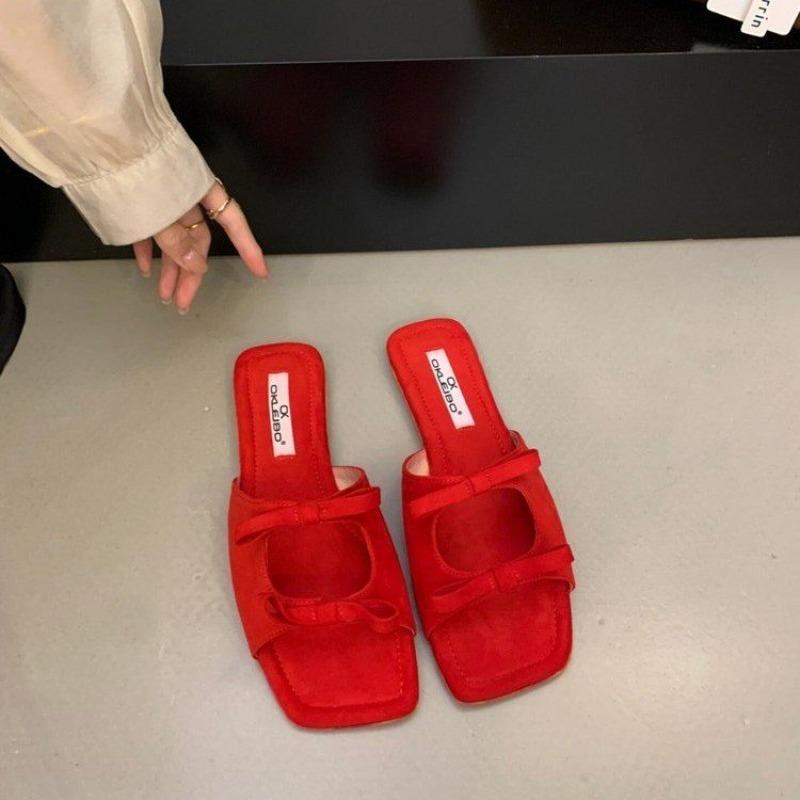 Butterfly Knot Hollowed Out Flat Bottomed Sandals for Women s Summer Outdoor Wear French Square Headed Beach Slippers 35