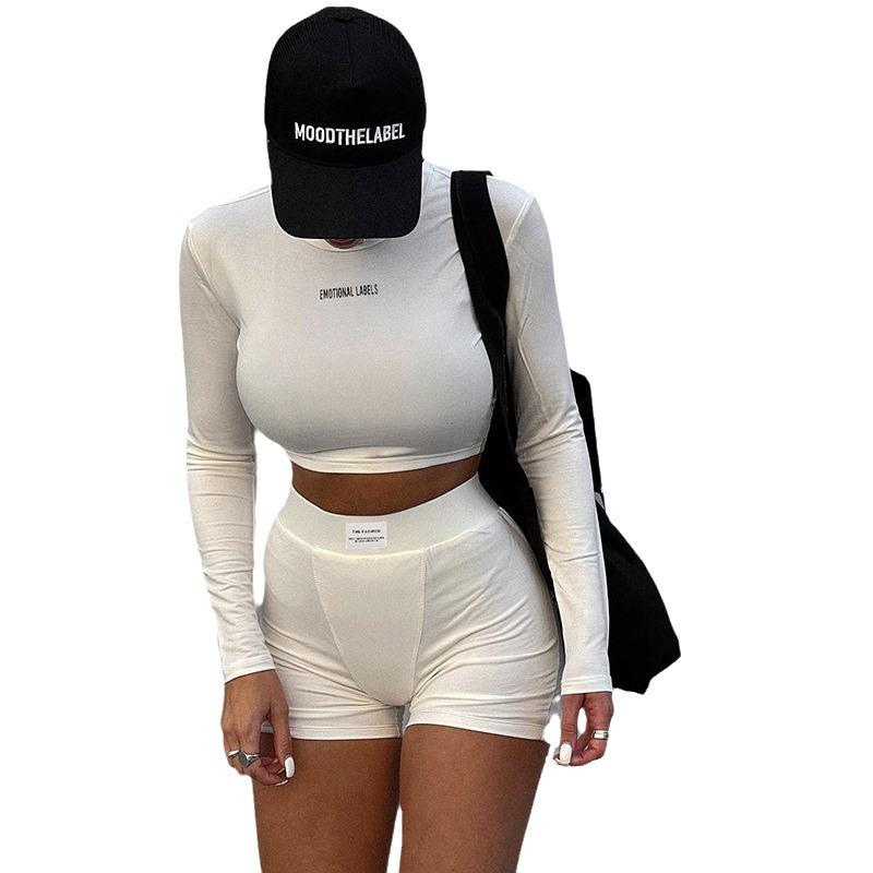 European and American Women's Knitted Round Neck Long Sleeve Solid T-shirt and Shorts Set