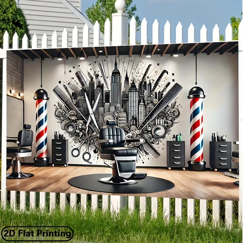 Stendardo piatto 2D, 1 pezzo di tessuto di sfondo in poliestere per un negozio di barbiere - squisito design con bastone da barbiere e paesaggio urbano
