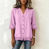 Women V Neck Button Down 3/4 Sleeve Loose Fit Blouse Lightweight Layered Hem Casual Tunic Top for Daily Wear