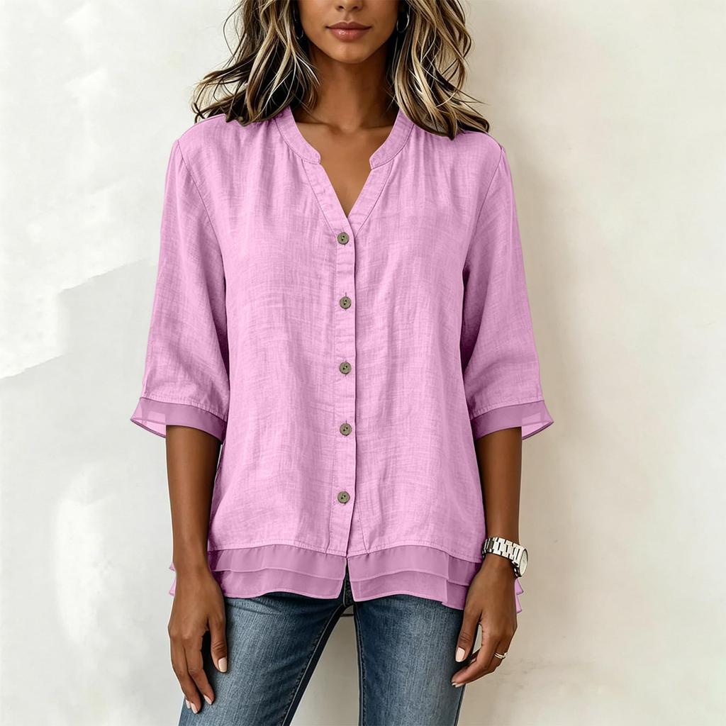Women V Neck Button Down 3/4 Sleeve Loose Fit Blouse Lightweight Layered Hem Casual Tunic Top for Daily Wear