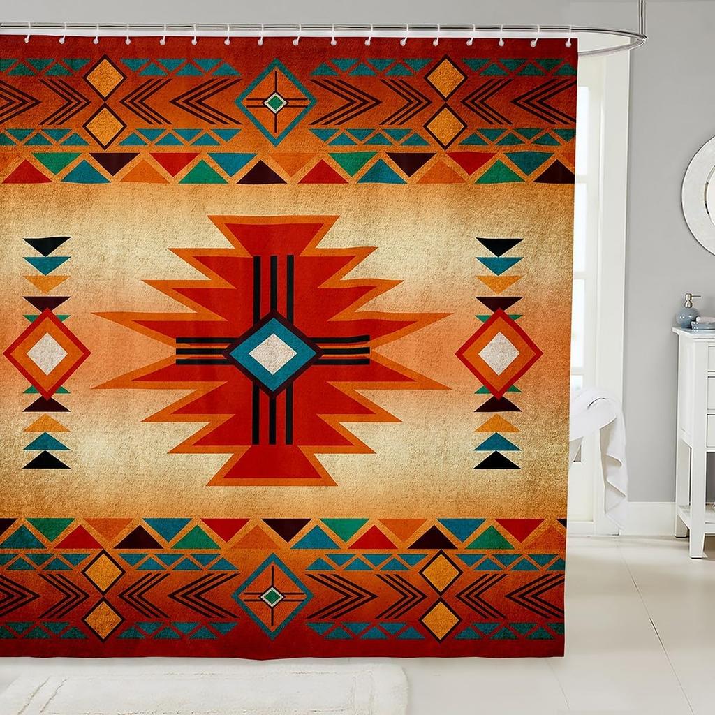 Southwest Shower Curtain, Geometric Aztec Tribal Pattern Bathroom Curtain Vintage Striped Western Waterproof for Kids Girls