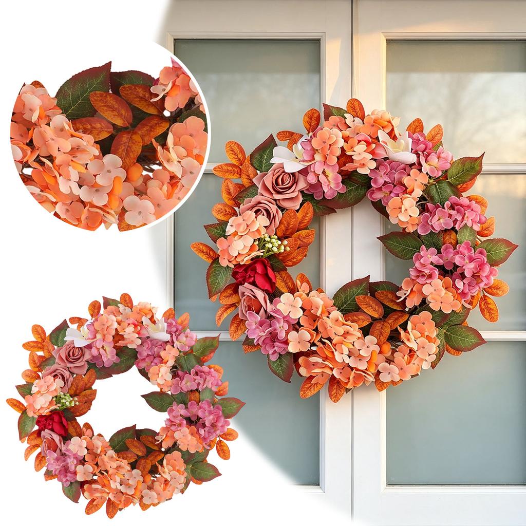 Artificial Hydrangea Rose Wreath with Wooden Wheel for Fall Door Hanging Wall Decor