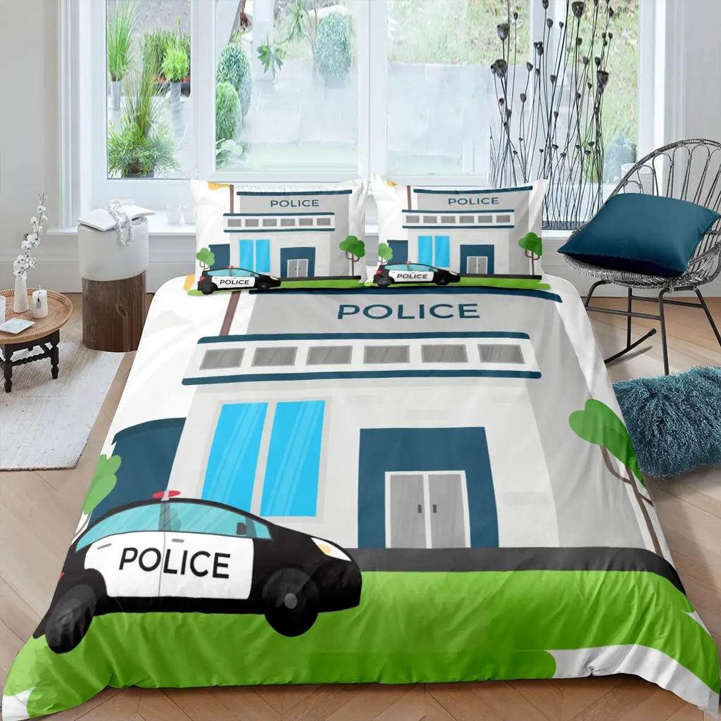 Police Car Duvet Cover Set Cartoon Car Bedding Set Kids Boys Blue Grey Emergency Responder Vehicles Polyester Quilt Cover