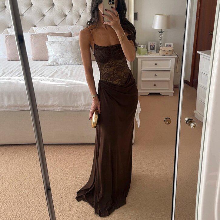 European Summer 2025 Sexy Spaghetti Strap Lace Patchwork Long Dress for Women