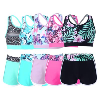 2 buc. Costum de baie imprimat pentru fete și gât în U, cu bretele în spate, crop top cu pantaloni scurți pentru băieți, pantaloni scurți, pantaloni de jos Set costum de baie pentru plajă, piscină, costum de baie