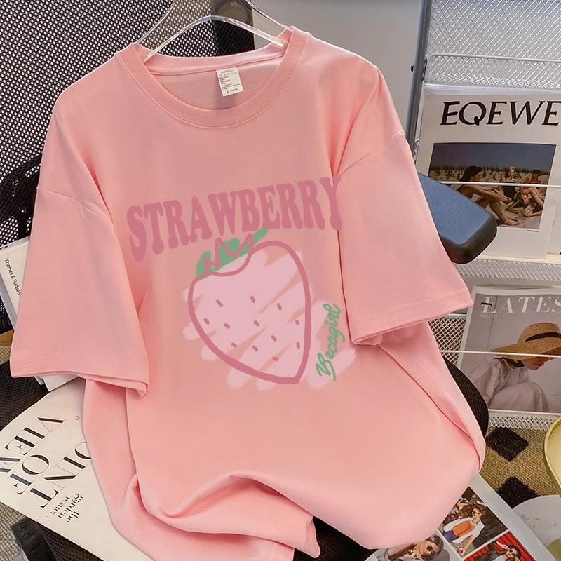 Women's Summer Strawberry Print Round Neck Short-Sleeve Plus Size Casual T-Shirt