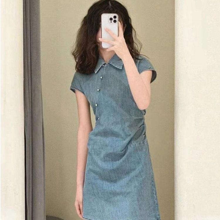 Women s Summer Luxury Retro Chinese Frog Button Denim Dress Large светло-синий